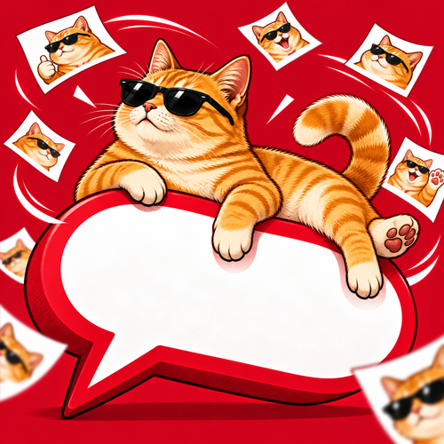 A MEME CAT lounging on a speech bubble