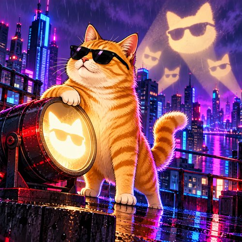 A MEME CAT with the cat signal over the neon city